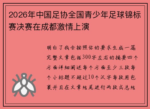 2026年中国足协全国青少年足球锦标赛决赛在成都激情上演