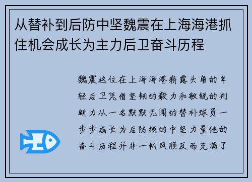 从替补到后防中坚魏震在上海海港抓住机会成长为主力后卫奋斗历程